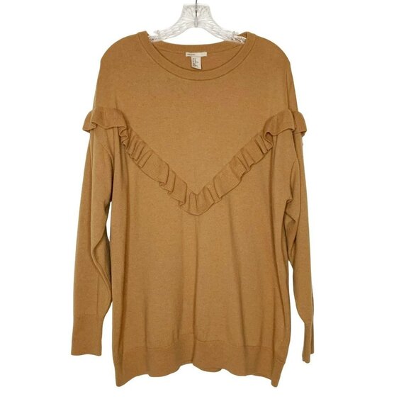 H&M Wool Blend Tan Single Ruffle Long Sleeve Sweater Top - Picture 1 of 8